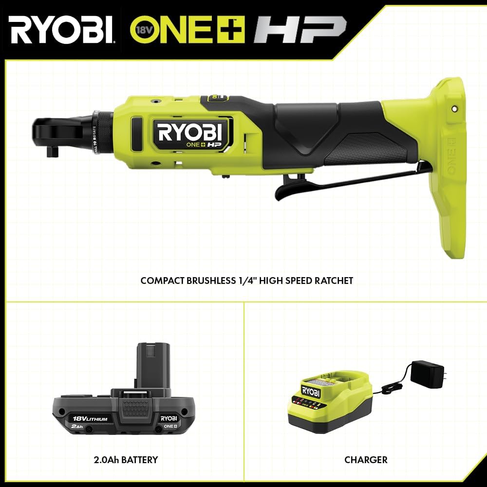 Ryobi One+ HP 18V 1/4" Brushless Cordless Compact Electric Ratchet Kit with 2.0Ah Lithium Battery and Charger, 4-Position Rotating Head, and Up to 460 RPM