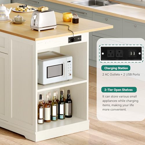 YITAHOME 50" Rolling Kitchen Island with Power Outlet & Drop Leaf, Mobile Storage Islands with Trash Can Cabinet, Microwave Rack Serving Cart on Wheels with Spice Rack, Retro White