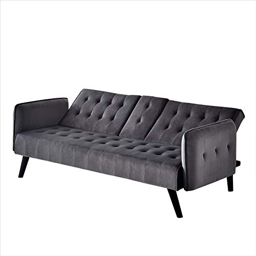Cricklade Mid Century Modern Velvet Upholstered Futon Sofa Bed, Couches for Living Room with Center Console and Cupholders, Blue