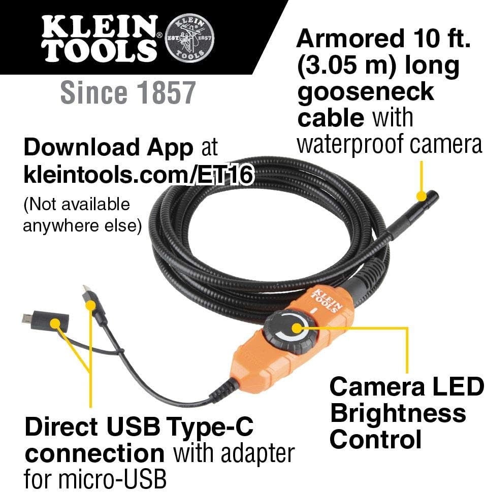 Klein Tools ET20 WIfi Borescope Inspection Camera with Rechargeable Lithium-Ion Battery and On-Board LED Lights