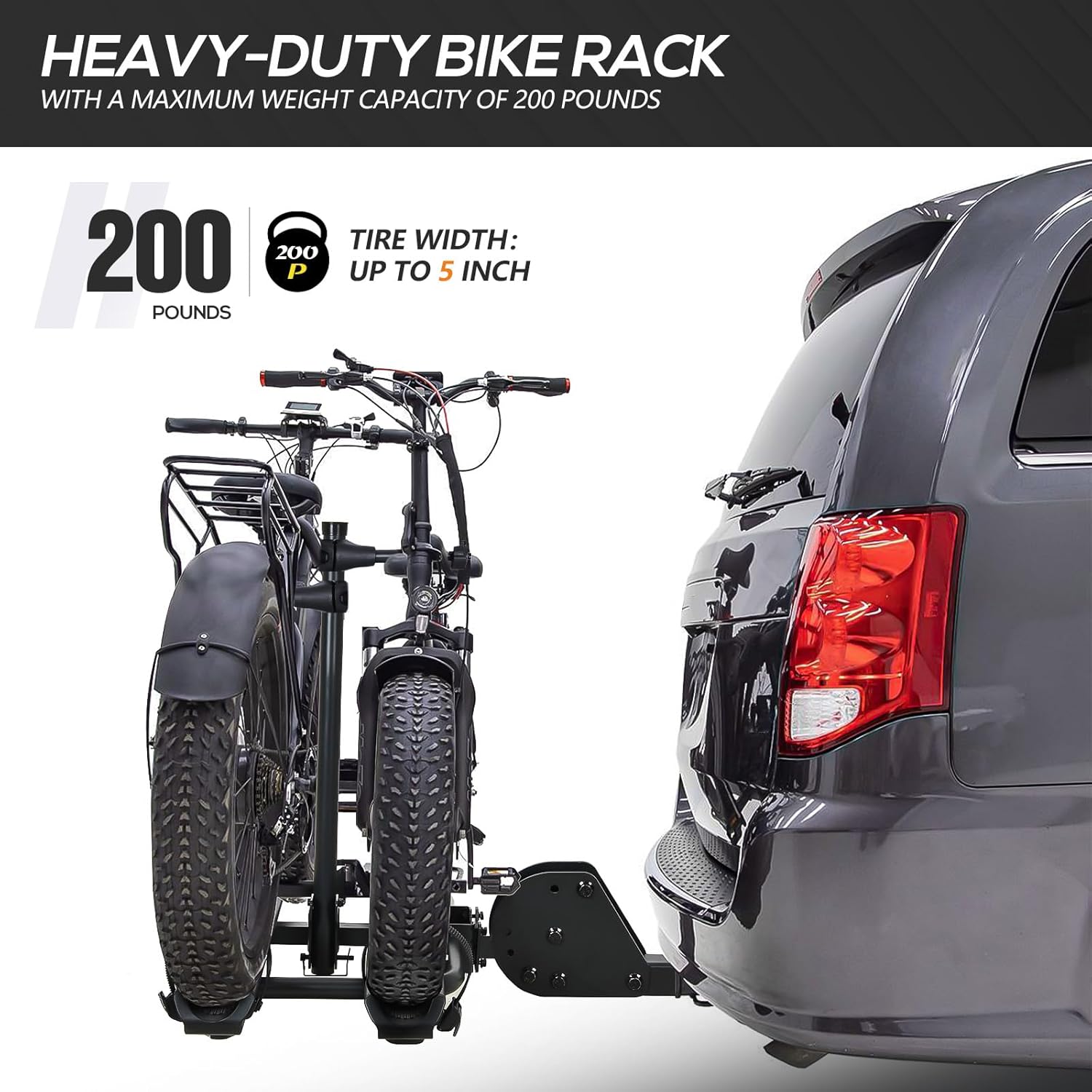 2 EBike Rack with Ramp, up to 4" Fat Tire Carrier, 200 LBS Capacity Electric Bicycles Racks, Lockable & Foldable Bike Racks Platform for Standard, Fits 2" Hitch for SUVs Cars Trucks Vans