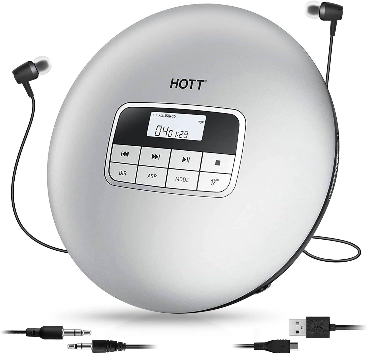 HOTT CD511 Portable CD Player，Personal Compact CD Player for Car with Anti-Skip/Shockproof Protection with Headphones and AUX Cable-Sliver