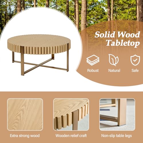 31.5'' Round Coffee Table, Modern Coffee Table Circle Solid Wood Coffee Table with Stainless Steel Gold Legs, Romanesque Small Center Table for Living Room Office Apartment (Walnut)