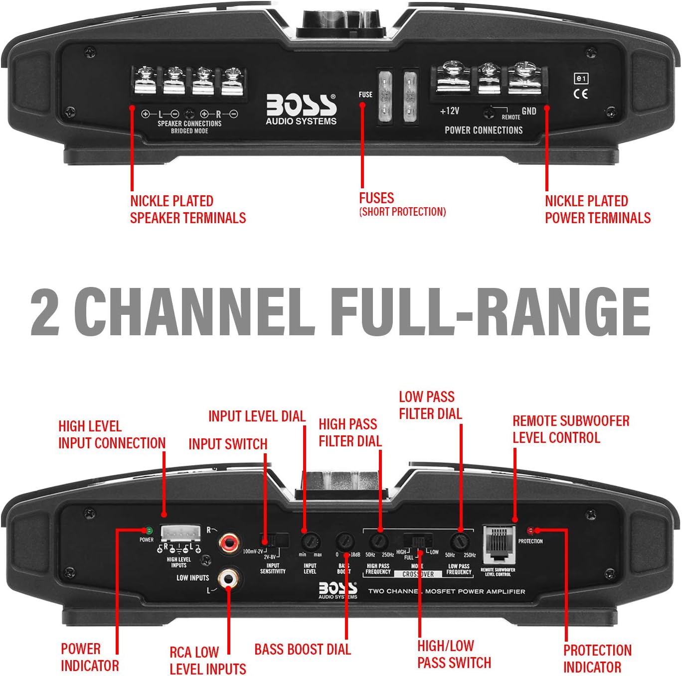 BOSS Audio Systems PT1600 2 Channel Car Amplifier – Phantom Series, 1600 Watts, Full Range, Class A/B, 2-8 Ohm Stable, Mosfet Power Supply, Bridgeable