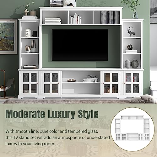 P PURLOVE Minimalism Style Entertainment Wall Unit for Living Room, TV Console Table for TVs Up to 70", Multifunctional TV Stand with Bookshelves and Tempered Glass Door, Entertainment Center, Black