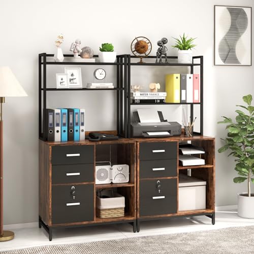 File Cabinet with Charging Station, 3 Drawer Filing Cabinet with Bookshelf, Large Printer Stand with Open Storage Shelves for Home Office, Locking File Cabinets Fits Letter/A4 Size, Brown