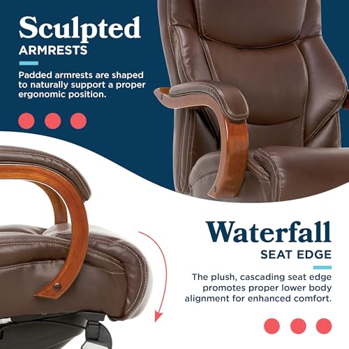 La-Z-Boy Delano Big & Tall Executive Office Chair, Ergonomic Mid-Back Body Pillow Lumbar Support, ComfortCore Memory Foam Cushion, Mahogany Wood Arms & Swivel Base, Bonded Leather, Chestnut Brown