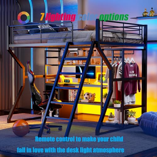 Bellemave Full Size Loft Bed with L-Shaped Desk, Full Metal Loft Bed with 6 Storage Shelves, LED Light, Charging Station, Loft Beds with Open Wardrobe, No Box Spring Needed Black