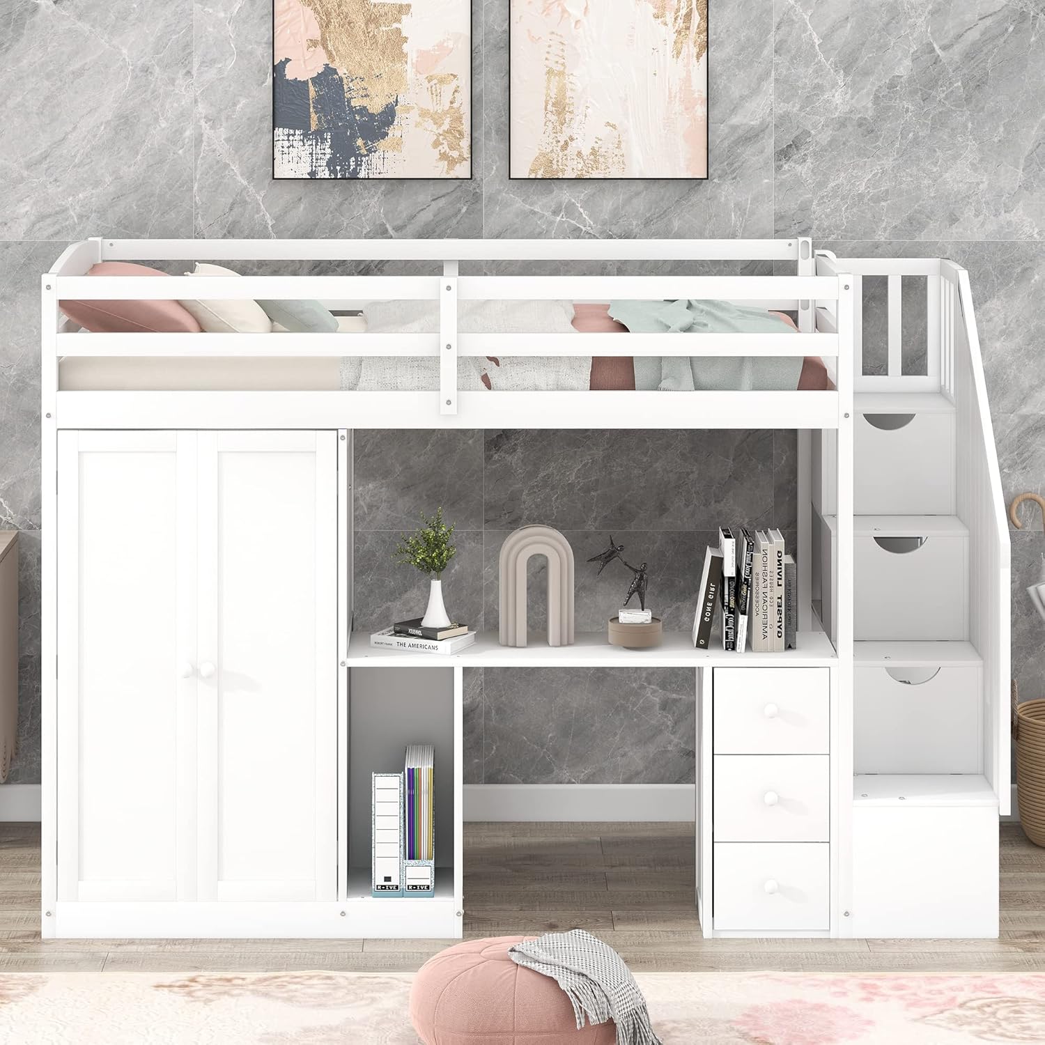 Twin Loft Bed with Stairs and Wardrobe, Wooden Twin Size Loft Bed with Desk Underneath, Loft Bed with Storage Staircase and Shelves for Girls Boys Teens,White