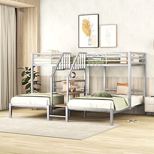 Versatility Full-Over-Twin-Twin Bunk Bed with Wardrobe and Mirror, Solid Wood Triple Bunk Bed Frame with Safety Guardrail and Built-in Shelves, 3 Beds in 1 for Kids Teens Adults (Grey-Mi)
