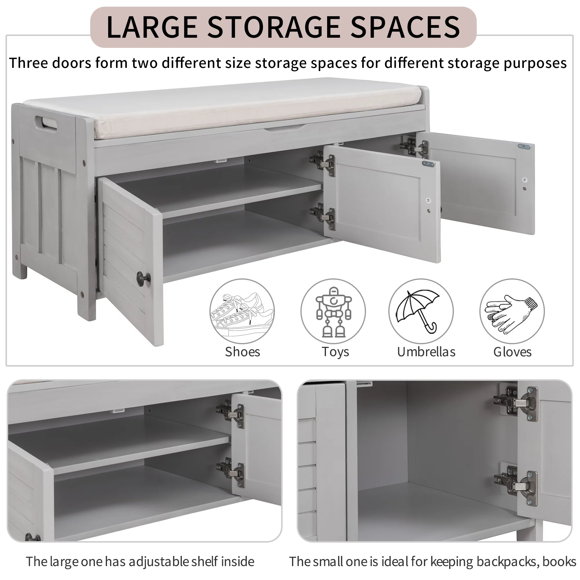 CHURANTY Entryway Storage Bench with Cushion Woodenb Shoe bench with Seat, 3 Shutter-shaped Doors, Hidden Storage Space,Gray Wash