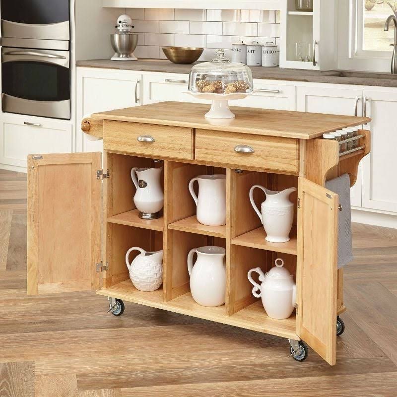 Natural Wood Finish Kitchen Island Cart with Locking Casters - 24 x 49.8 x 35.2 Inches - Brown