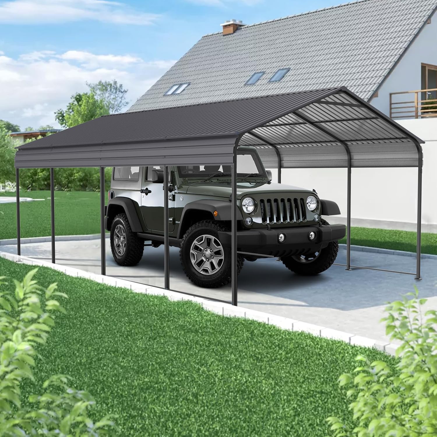 Carport 10 x 20 ft Heavy Duty Metal Carport Canopy with Galvanized Steel Roof Frame, Outdoor Garage Car Shelter Shade, Car Tent Outdoor Storage Shed for Car, Boats and Truck, Gray