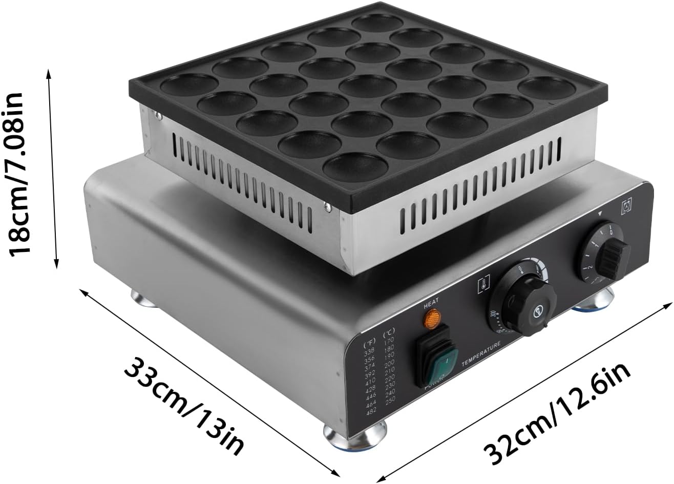 Mini Dutch Pancake Maker 25PCS, Commercial Non-stick Pancake Baker Machine 50-300℃ Electric Muffin Maker Stainless Steel for Home Kitchen, Cafe or Restaurant, 110V