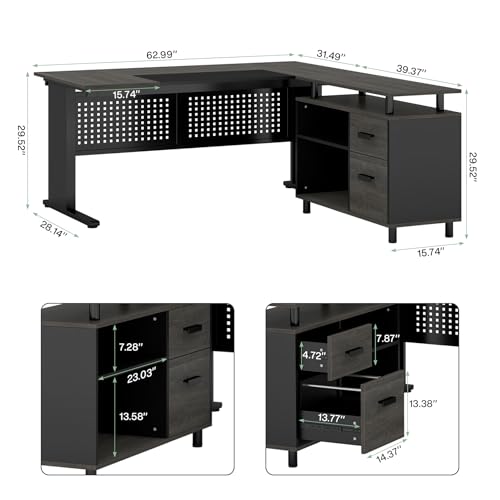 Tribesigns 63 Inch Executive Desk with File Cabinet, Large Office Desk L Shaped Computer Desk with Drawers and Storage Shelves, Business Furniture Desk Workstation for Home Office, Gray and Black