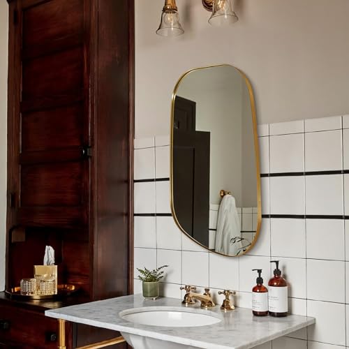 ANDY STAR Irregular Mirror Asymmetrical Mirror for Wall 24x36” Brushed Gold Bathroom Mirror, Modern Wall Mirror for Living Room Bathroom Vanity Framed Mirror Wavy Mirror 1” Deep Set Design