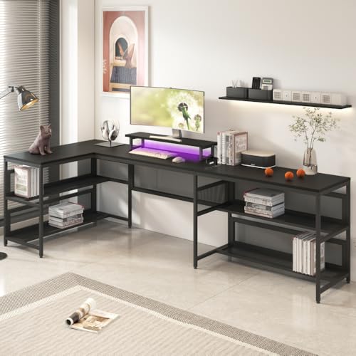 U Shaped Desk with Shelve & LED Lights, 82" Reversible L Shaped Desk with Drawers, 2 Person Corner Computer Desk Home Office Desk Gaming Table with Monitor Stand & Storage Shelves (Black + MDF)
