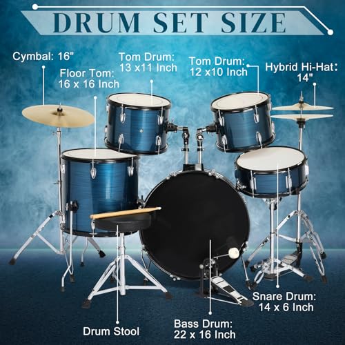 Ktaxon 22 Inch Adult Drum Set, 5-Piece Full-Size Drums Kit with Cymbal Stands, Hi-hat Stand, Sticks, Drum Pedal, Stool & Floor Tom for Beginner Teens Student (Blue)