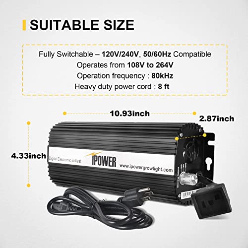 iPower Horticulture 400W HPS Grow Light Kit, 6" Hydroponics Air Cooled Reflector, Digital Dimmable Electronic Ballast, High Pressure Sodium Bulb, Plug-in Mechanical Timer