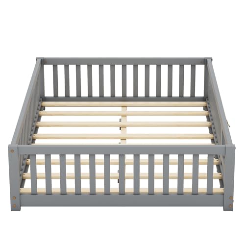 Full Size Montessori Floor Bed with Safety Fence and Door, Solid Wooden Kid Toddler Bedframe, Floor-Bed-Frame for Children Bedroom, Boys Girls, Kids Playroom, Gray
