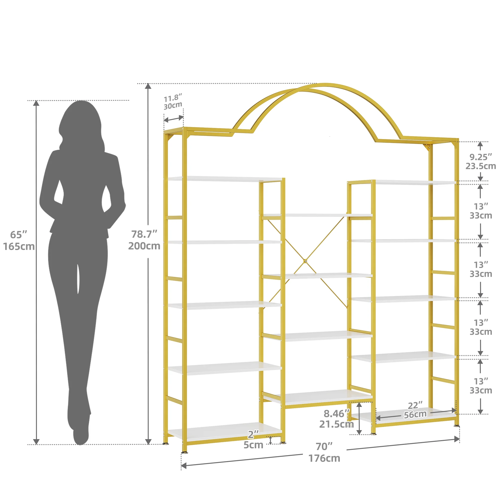 Dextrus 5-Tier Gold and White Bookshelf, Triple Wide Arched Open Display Shelf, Large Storage Bookcase, Tall Display Shelf with Metal Frame, White Gold