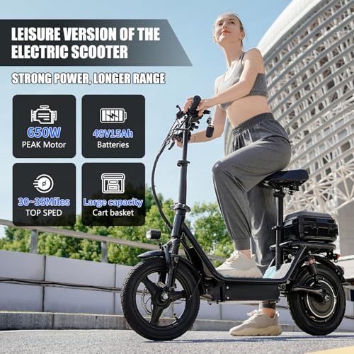 Electric Scooter for Adults, 500W Motor, 20-25 MPH and 20-30 Miles Long Range, 14" Foldable Commuting Electric Scooter with Seat and Basket/Box, Ample Storage for Pet & Cargo