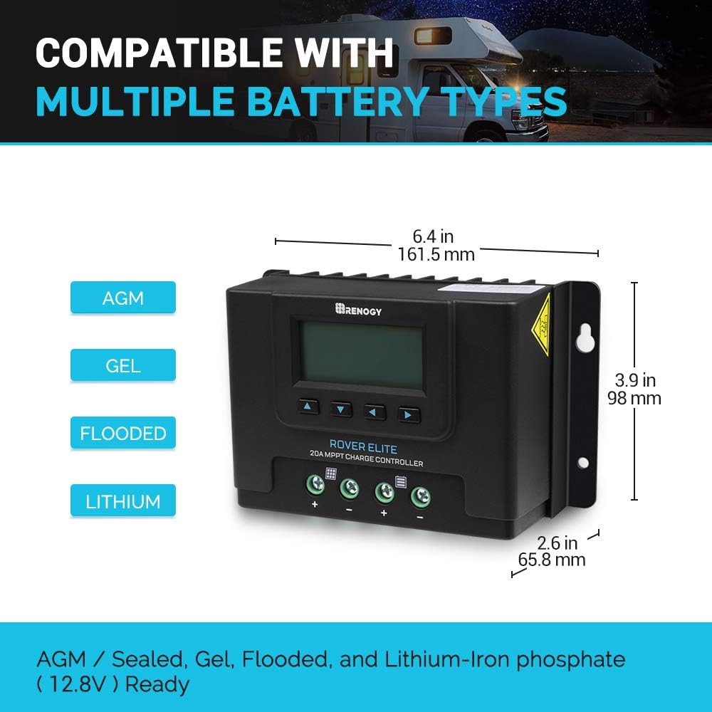 Renogy Solar Charge Controller 12V/24V Auto MPPT with LCD Backlit Display w/Temp Sensor Fit for Gel Sealed Flooded and Lithium Battery, Rover Elite 20A