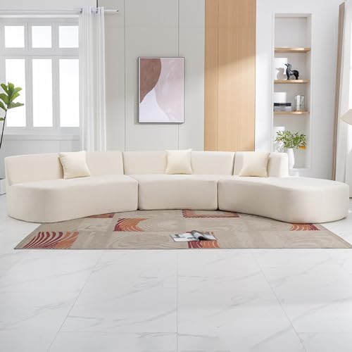 136.6" Stylish Curved Sofa Sectional Sofa Chenille Fabric Sofa Couch with Three Throw Pillows for Living Room, Beige Living Room Sectionals