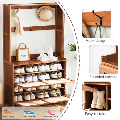 Bamboo Hall Tree with Shoe Storage, Bamboo Shoe Cabinet for Entryway, 14 Shoe Cubbies & 8 Coat Hooks, Freestanding Shoe Rack Coat Rack with Storage Shelves, 8 Hooks for Hallway, Bedroom, Rustic Brown