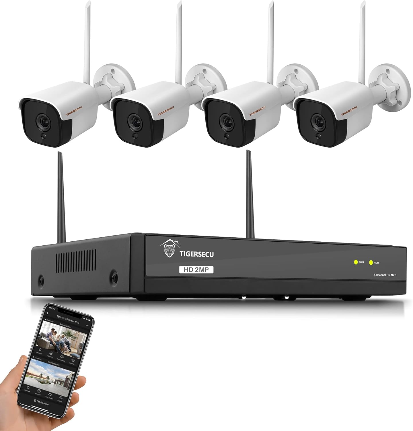 TIGERSECU 1080P WiFi NVR Security Camera System with Two Way Audio, 1TB Hard Drive, H.265+ 8 Channel NVR with 4 1080P Wi-Fi IP Cameras for Indoor/Outdoor Use