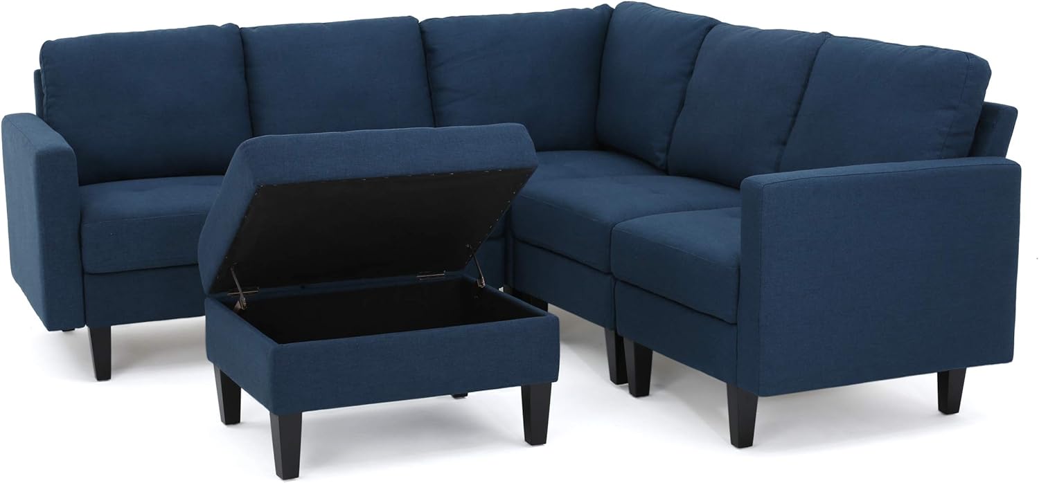 Christopher Knight Home Zahra Fabric Sectional Couch with Storage Ottoman, 6-Pcs Set, Dark Blue