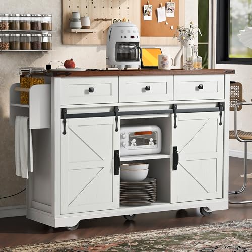54.5" Farmhouse Kitchen Island with Drop Leaf,Storage Cabinet Island on Wheel,Rolling Home Cart Breakfast Bar Table with Power Outlet, 3 Drawer, Spice Rack