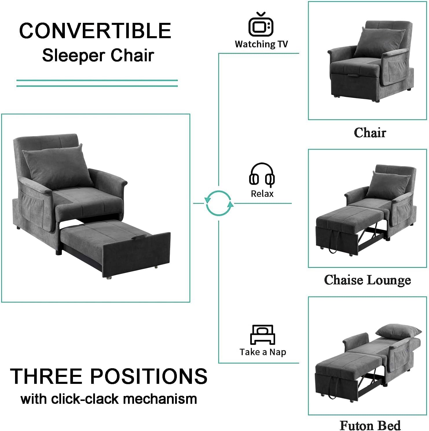 BINGTOO Bed Chair, 3 in 1 Lounge Chair,Multi-Function Folding Sofa Bed, Ottoman Bed Sleeper, Pull Out Sofa Chair, Pull Out Sofa Chair, Convertible Chair to Bed, Pull Out Bed Couch for Small Space