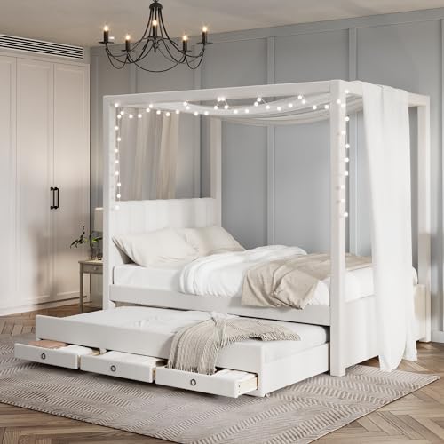 Twin Size 4 Poster Bed Canopy Bed with Upholstery Headboard, Built-in Trundle and 3 Drawers, for Kids Teens Adults, Beige