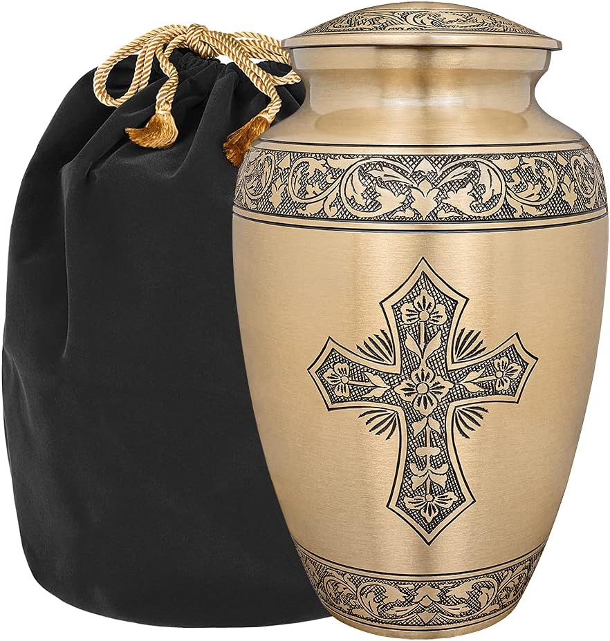 Trupoint Memorials Cremation Urns for Adult - Holds 0.75 Lbs. Per Mini Urn, 2.75" x 1.75" Mini Cremation Urns, Keepsake Burial Urns with Case & Bags - Cross Bronze.