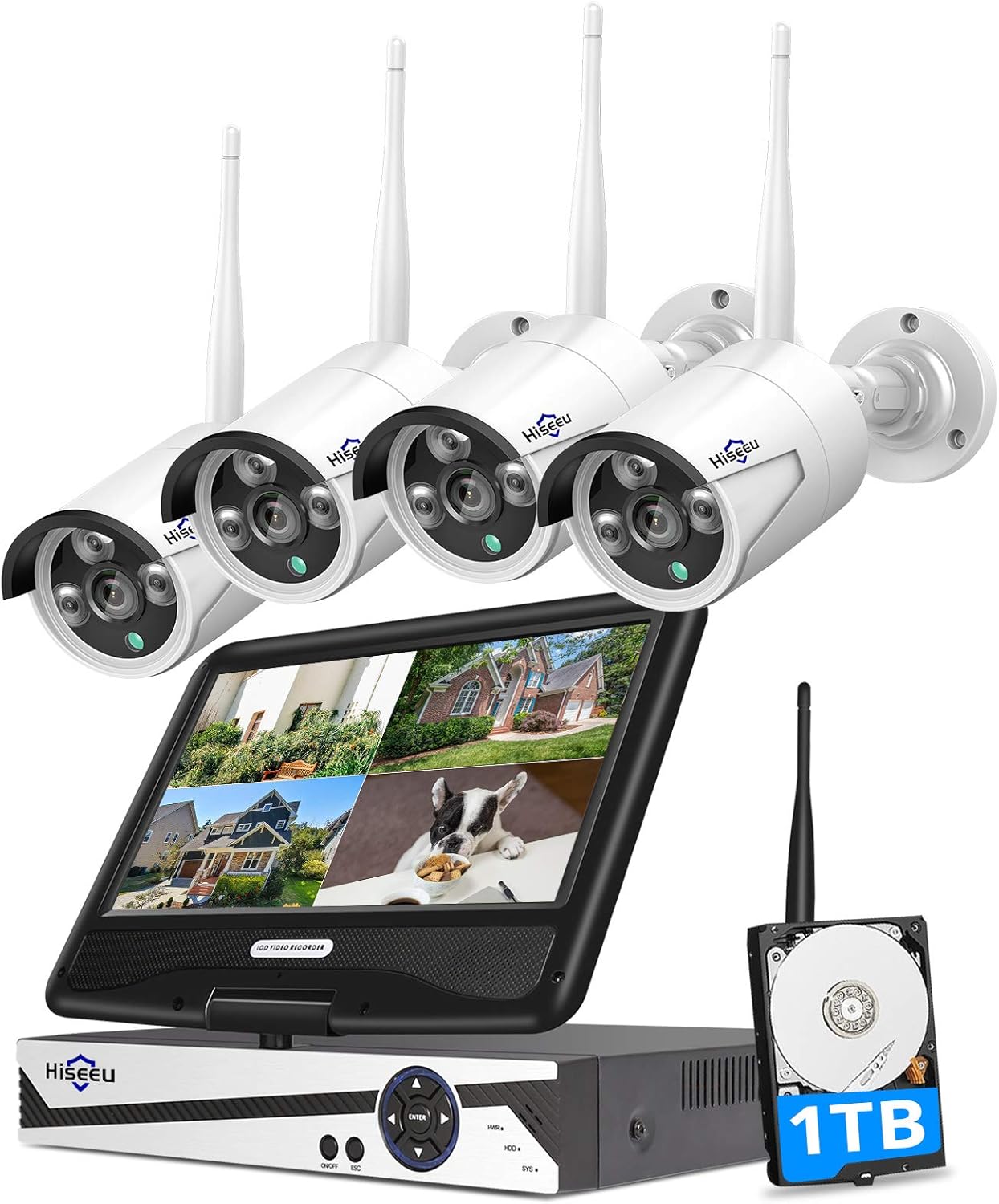 [8CH Expandable, 2K] Hiseeu All-in-one with 8CH 10.1 1296P Monitor Wireless Security Camera System, 4pcs 3MP Indoor/Outdoor Wireless Home Security Camera System, Remote Access, One-way Audio, 1TB HDD