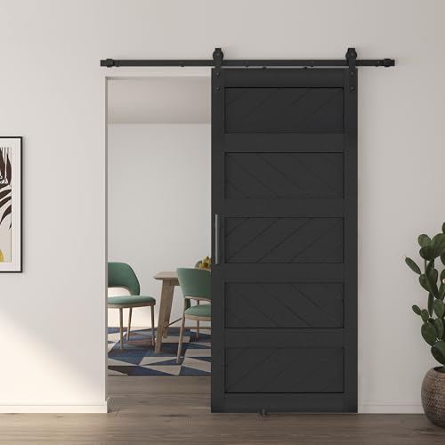 JUBEST 36" x 84" Barn Door, Slding Barn Door Kit Wave Shape Barn Door Panel with Hardware Kit Include, Easy Installation, Solid Wood, MDF & PVC Covered, Black