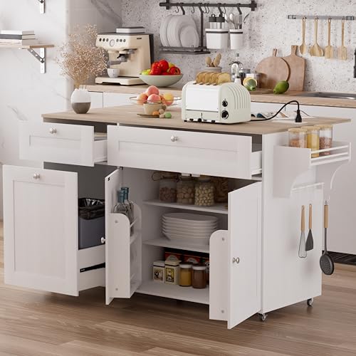 Kitchen Island on Wheels with Storage, Rolling Kitchen Islands with Drop Leaf&Power Outlet, Mobile Kitchen Island Cart with Trash Can Storage, Spice Rack, Towel Rack, Storages Cabinet ,Drawers