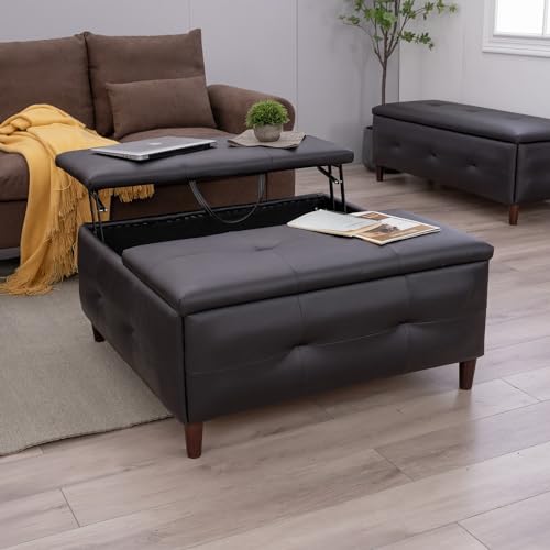 Panana Large Storage Ottoman Coffee Table with Lift Top, Square Ottoman with Storage,Upholstered Ottoman Coffee Tables for Living Room (Linen Fabric, Grey - Square Storage Ottoman Table)