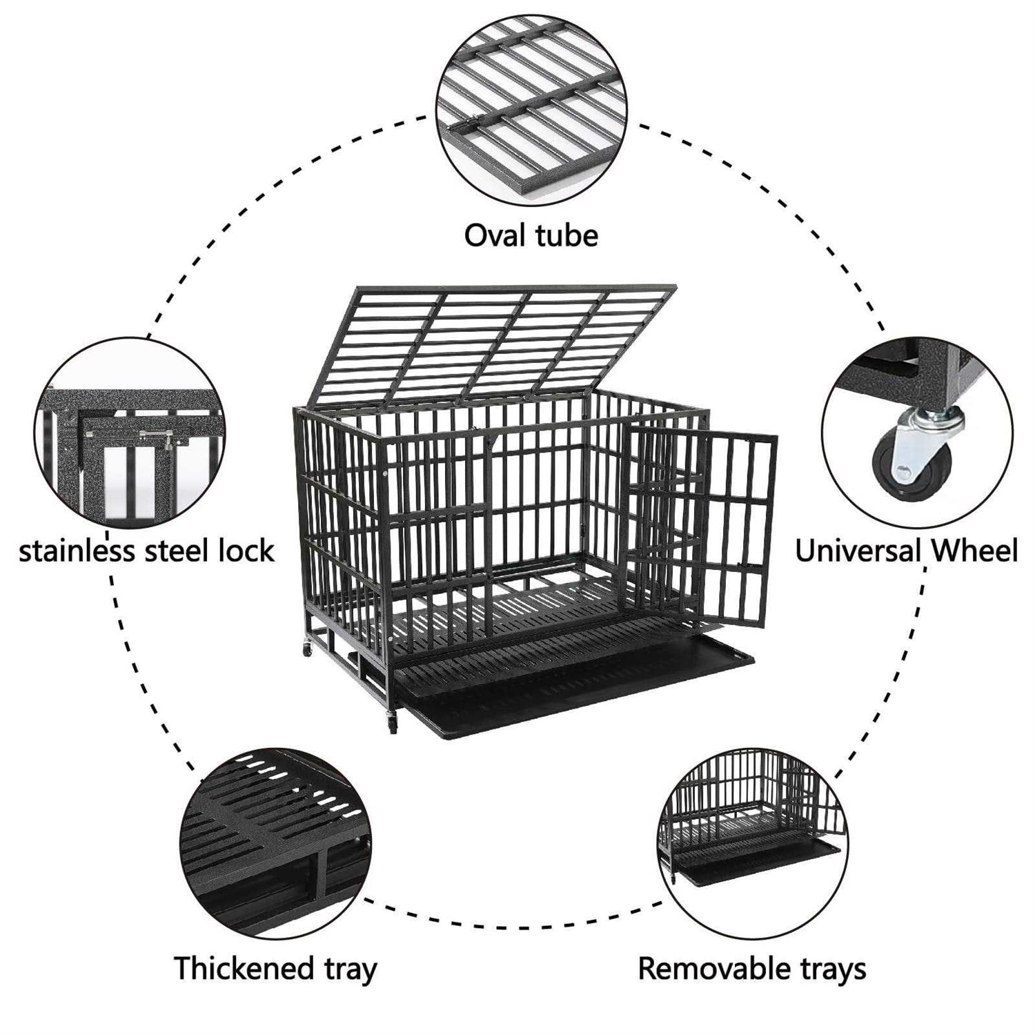 HAILANG 48 Inch Heavy Duty Dog Crate Cage Kennel with Wheels Indestructible Double Door Dog Crate with Removable Trays - Pet Supplies online store
