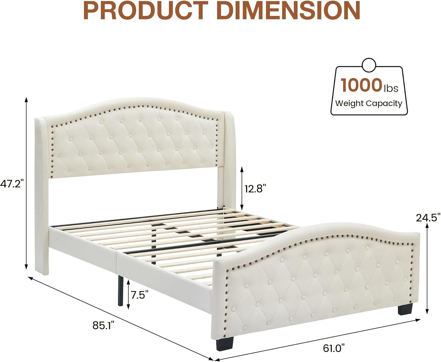 GAOMON Queen Size Upholstered Platform Bed Frame with Tall Headboard, Luxurious Velvet Button Tufted and Nailhead Trim Wingback, Arched Footboard, No Box Spring Needed, Beige