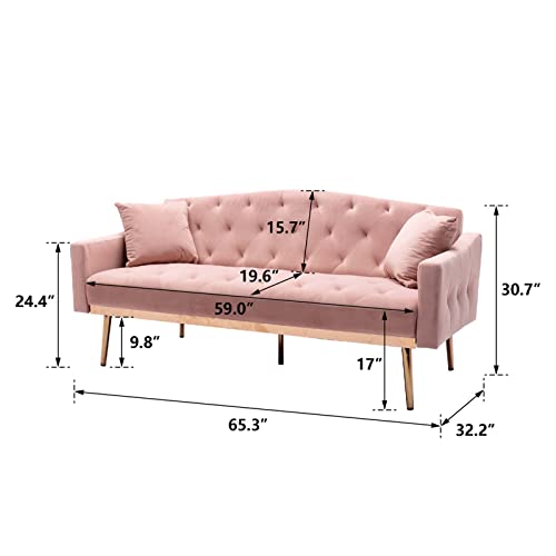 TMEOSK 65" Velvet Convertible Futon Sofa Bed with 2 Pillows, Modern Couch Loveseat Sofa, Folding Accent Sofa Sleeper Recliner for Home Living Room Bedroom (Navy)