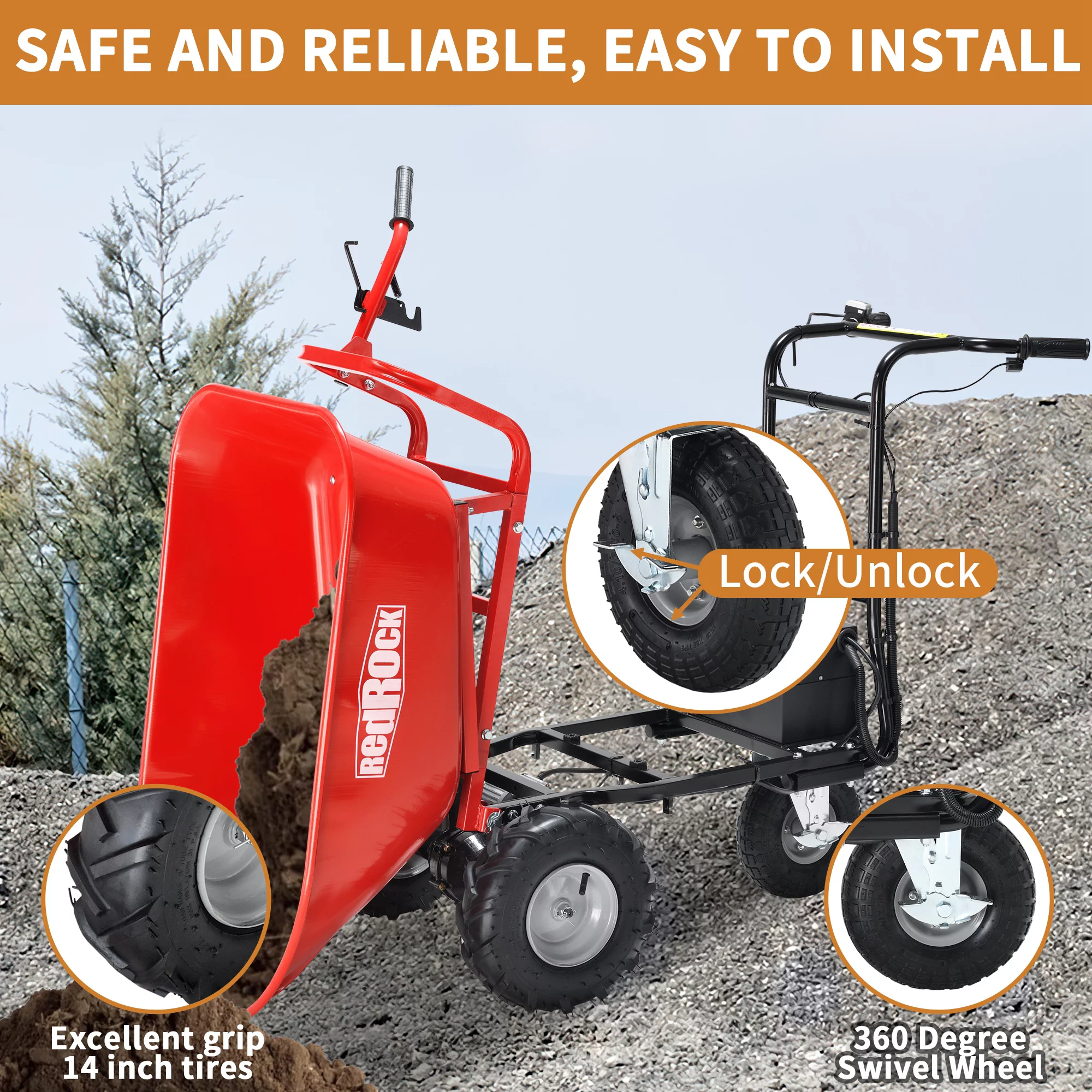 RedRock Electric Wheelbarrow Utility Cart - 48V28Ah 500W, 500lbs Capacity, Steel Construction, 1000lbs Towing, Ideal for Garden and Construction Work