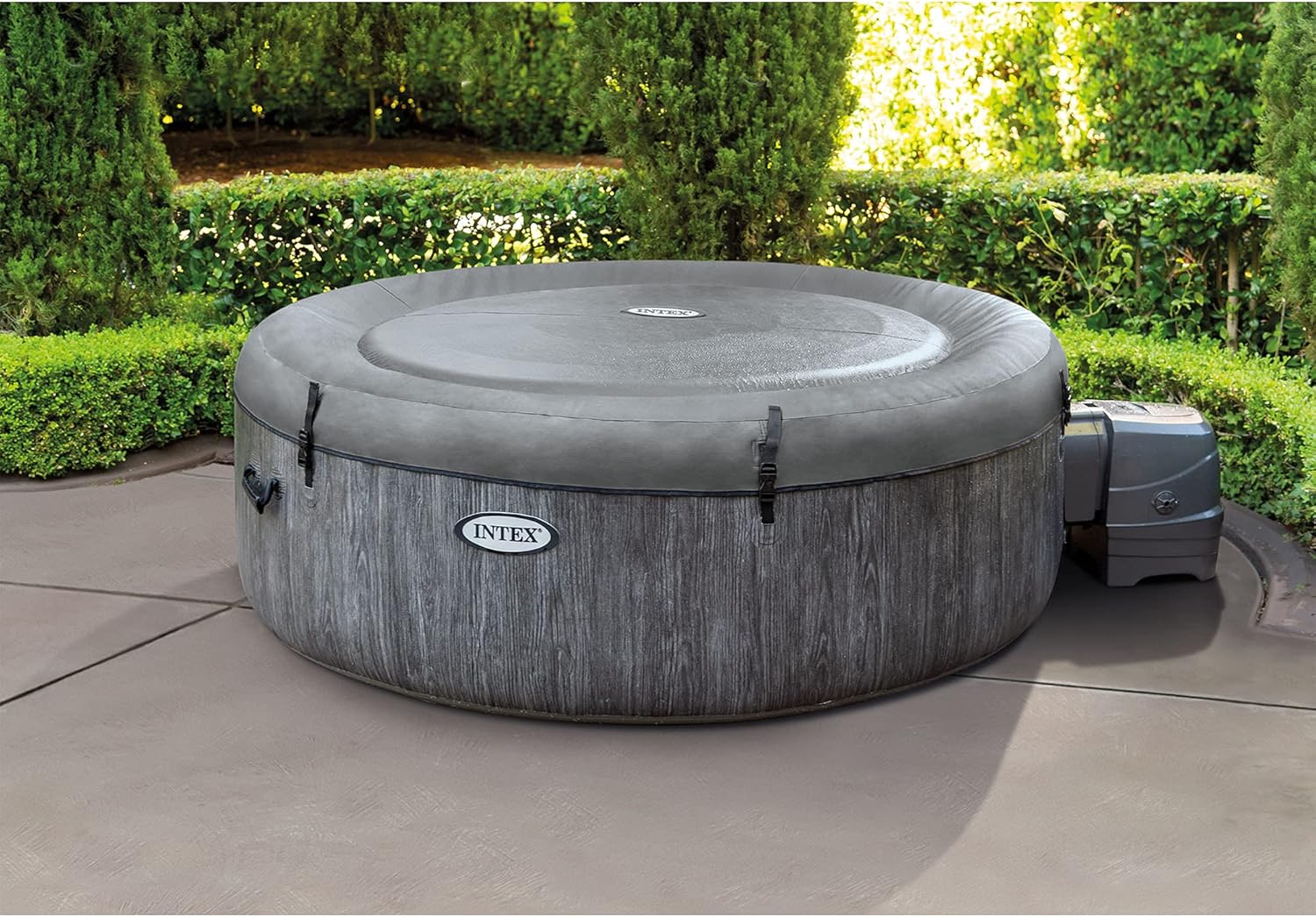 Intex Greywood Deluxe 4 Person Outdoor Portable Inflatable Hot Tub Spa with Multi-Color LED Light, Foam Headrests, and 140 Soothing Bubble Jets, Gray