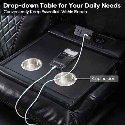Power Reclining Sofa Couch with Wireless Charger, 3 Seaters with Recliner, Faux Leather Electric 3 Seat Sofa Sectional Set with LED light for living room,Home Theater Seating With Drop-Off Table,Black