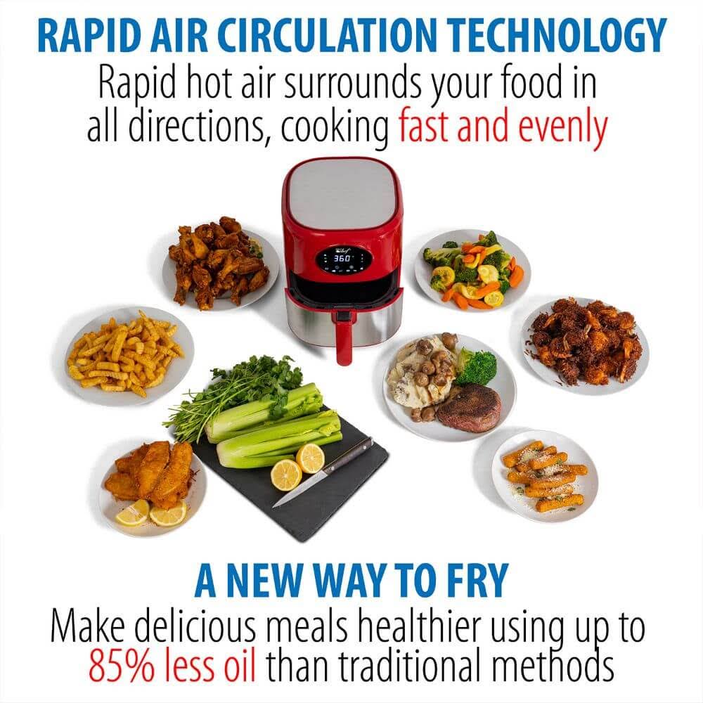Deco Chef 3.7qt Digital Air Fryer with 6 Cooking Presets, Dishwasher Safe Basket, Red AF01RED