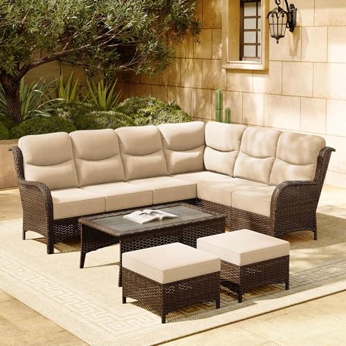 Luxury Patio Furniture Set with 6-inch Thick Cushion, Outdoor Couch and High Back Swivel Rocker Patio Chairs, 7PCS Wicker Conversation Set for Deck, Yard, and Poolside in Blue (V2)