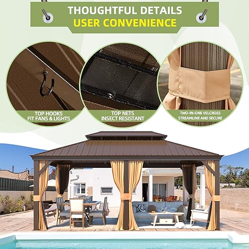 MELLCOM 12'x16' Hardtop Gazebo, Galvanized Steel Metal Double Roof Canopy with Curtains and Netting, Brown Permanent Pavilion Gazebos with Aluminum Frame for Garden, Patio, Lawns, Deck