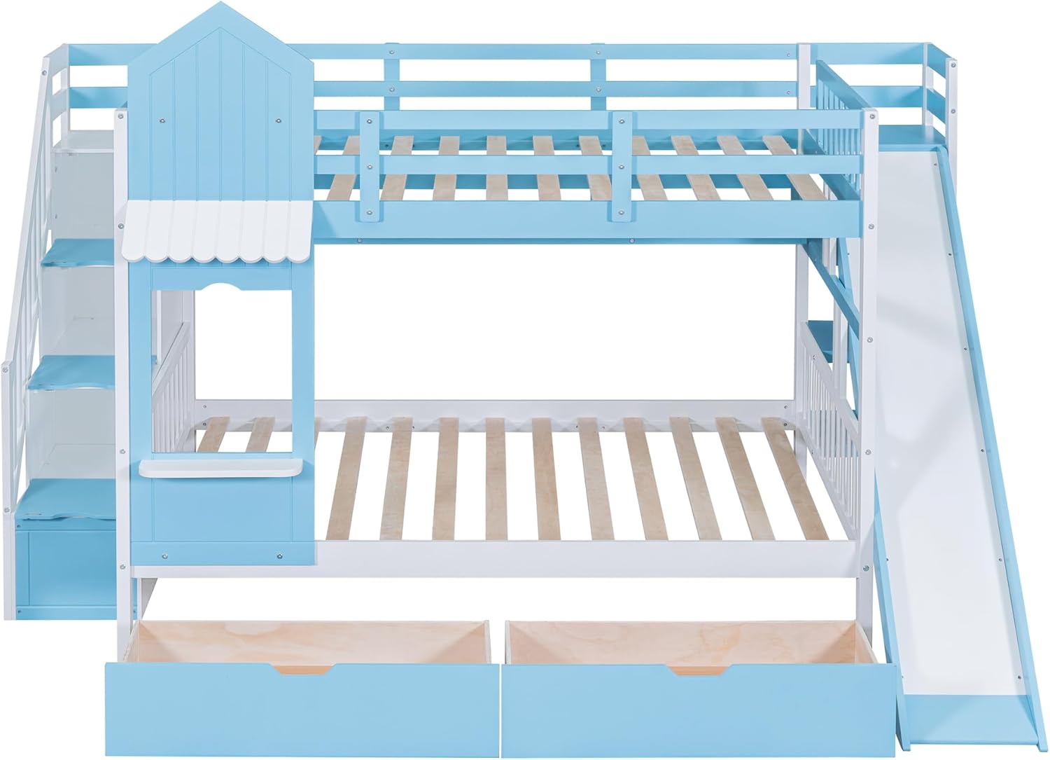 Harper & Bright Designs Full Over Full Bunk Bed with Stairs and Slide, Solid Wood Bunk Bed Frame with Storage Drawers and Bookshelf, for Kids Teens Girls Boys (Blue)