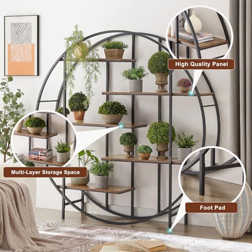 Plant Stand 5 Tier Tall Metal Plant Shelf for Indoor, Round Shaped Ladder Plant Shelf Holder, Plant Flower Pot Rack Display Stand for Living Room Patio Garden Balcony, Black+ Brown